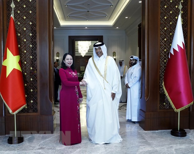 Phó Chủ tịch nước Võ Thị Ánh Xuân với Chủ tịch Quốc hội Qatar Hassan bin Abdullah Al-Ghanim. Ảnh: Lâm Khánh/TTXVN.
