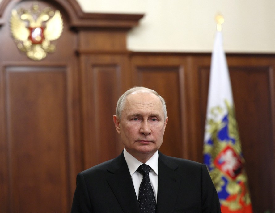Tổng thống Nga Vladimir Putin phát biểu trên truyền hình ở Moskva ngày 24/6. Ảnh: Reuters.