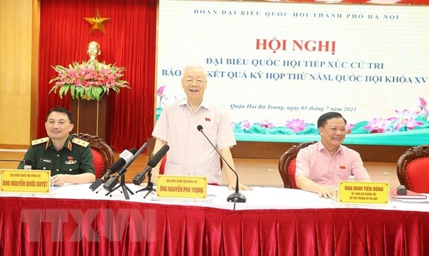 Tổng Bí thư Nguyễn Phú Trọng phát biểu tại buổi tiếp xúc cử tri. Ảnh: Trí Dũng/TTXVN.
