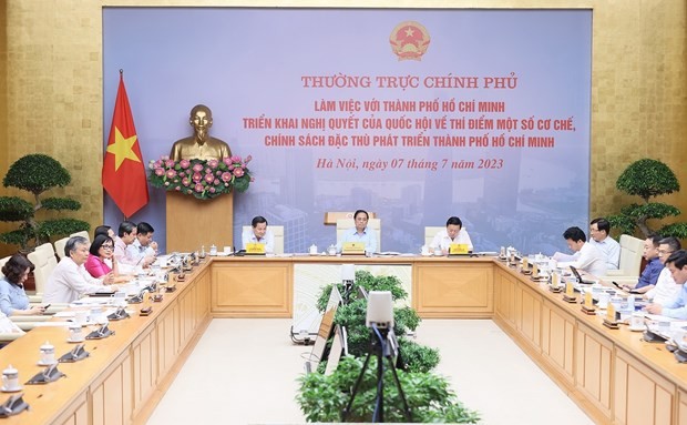 Thủ tướng Phạm Minh Chính chủ trì buổi làm việc của Thường trực Chính phủ với TP. Hồ Chí Minh. Ảnh: Dương Giang/TTXVN.
