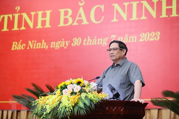 Thủ tướng Phạm Minh Chính phát biểu kết luận buổi làm việc với lãnh đạo chủ chốt tỉnh Bắc Ninh. Ảnh: Dương Giang/TTXVN.
