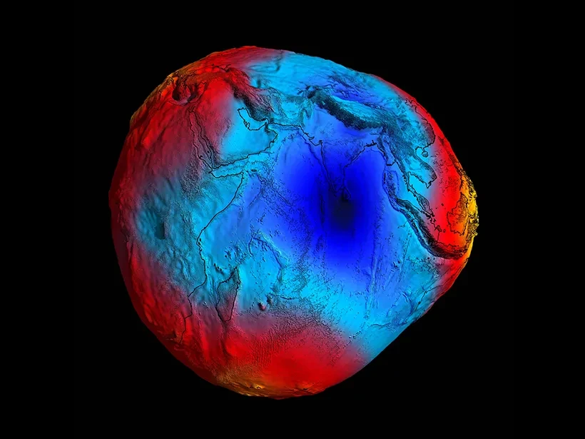 Những khu vực có trọng lực yếu (màu xanh) và mạnh (mày đỏ) trên Trái Đất. Ảnh: ESA/HPF/DLR.