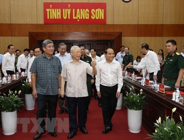 Tổng Bí thư Nguyễn Phú Trọng đến làm việc với Ban Thường vụ và lãnh đạo chủ chốt tỉnh Lạng Sơn. Ảnh: Trí Dũng/TTXVN.