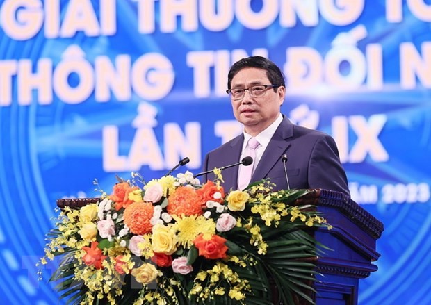 Thủ tướng Phạm Minh Chính phát biểu tại Lễ trao Giải thưởng toàn quốc về thông tin đối ngoại lần thứ IX. Ảnh: Dương Giang/TTXVN.