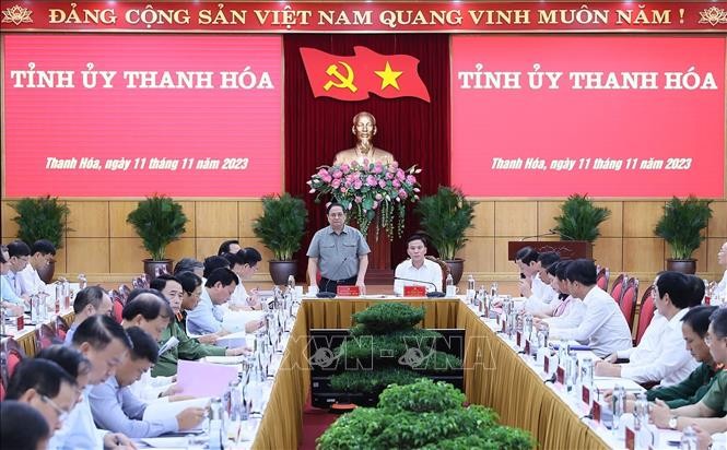 Thủ tướng Phạm Minh Chính làm việc với lãnh đạo chủ chốt tỉnh Thanh Hóa. Ảnh: Dương Giang/TTXVN.