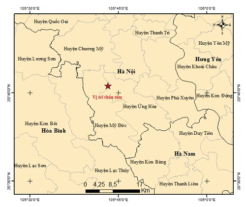 Bản đồ chấn tâm trận động đất xảy ra tại huyện Mỹ Đức, thành phố Hà Nội. Nguồn: Viện VLĐC.