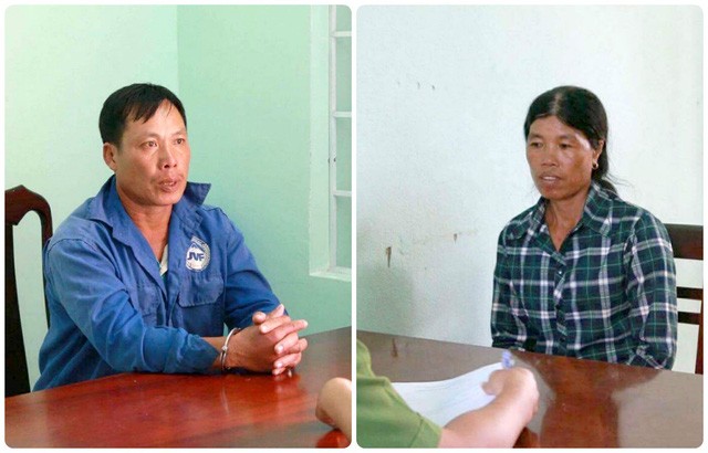 Vợ chồng bị can Nguyễn Văn Thu và Vũ Thị Mây tại cơ quan công an.