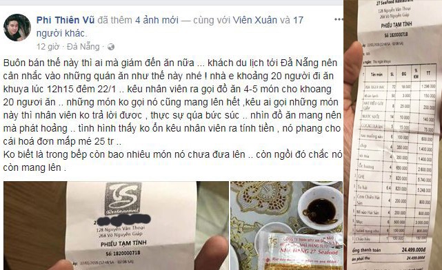 Anh Vũ đăng tải bài viết và hình ảnh về việc ăn khuya tại một nhà hàng ở Đà Nẵng giá gần 25 triệu đồng. 