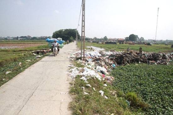 Rác thải từ làng nghề bật bông thôn Trát Cầu, xã Tiền Phong được tập kết tràn lan ven đường giao thông nông thôn
