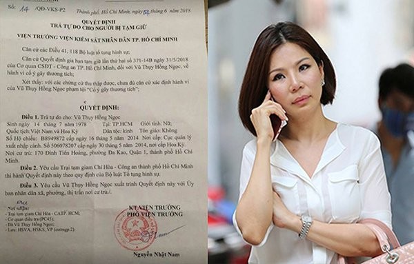 Bà Vũ Thụy Hồng Ngọc bất ngờ được Viện KSND TP.HCM ký quyết định trả tự do