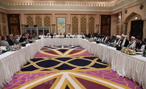Toàn cảnh vòng đàm phán giữa phái đoàn Mỹ và phái đoàn Taliban tại Doha, Qatar ngày 26/2 vừa qua. (Ảnh: AFP/TTXVN)