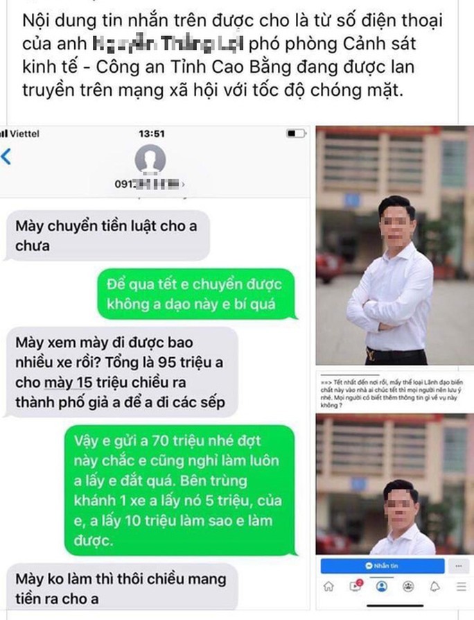 Hình ảnh tố Phó trưởng phòng Cảnh sát kinh tế tỉnh Cao Bằng có hành vi đòi tiền bảo kê xe được lan truyền trên mạng xã hội