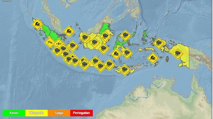 Cảnh báo sớm lượng mưa lũ ở cấp độ 3 (sẵn sàng) trên toàn Indonesia. Nguồn: cơ quan quản lý thảm hoạ quốc gia Indonesia