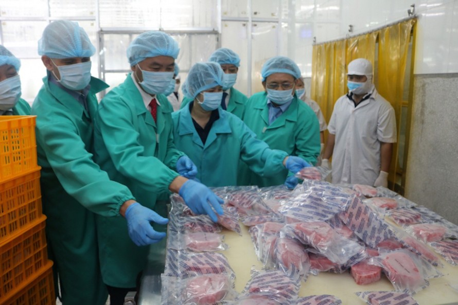 Thứ trưởng Phùng Đức Tiến (thứ 2 từ trái sang) tham quan quy trình chế biến sản phẩm cá ngừ của Công ty TNHH Hải Vương.