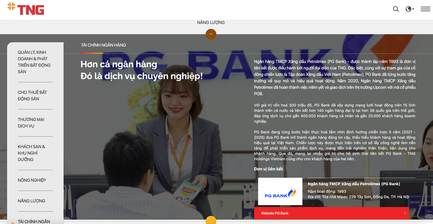 Hình ảnh của PG Bank xuất hiện trên website của Tập đoàn TNG