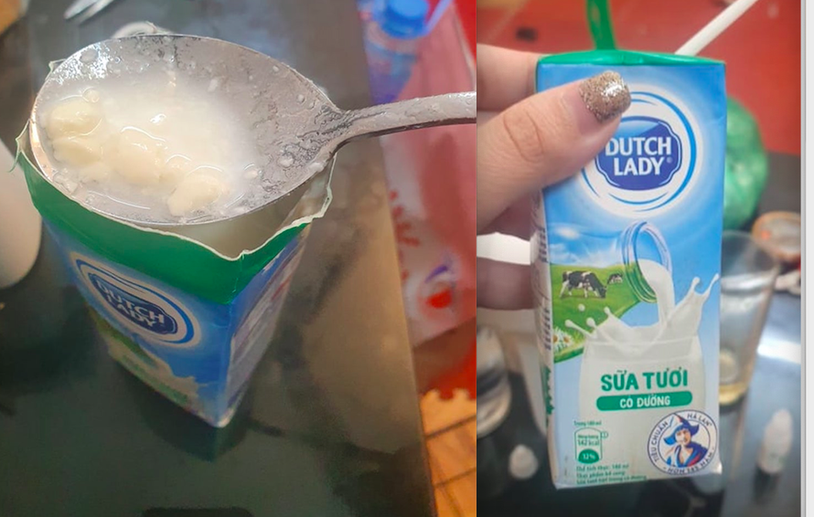 Theo phản ánh của chị Thảo, phần sữa bên trong hộp sữa tươi Dutch Lady 180ml đã bị vón cục gần hết và bốc ra mùi hôi nồng rất khó chịu. (Ảnh do NVCC)