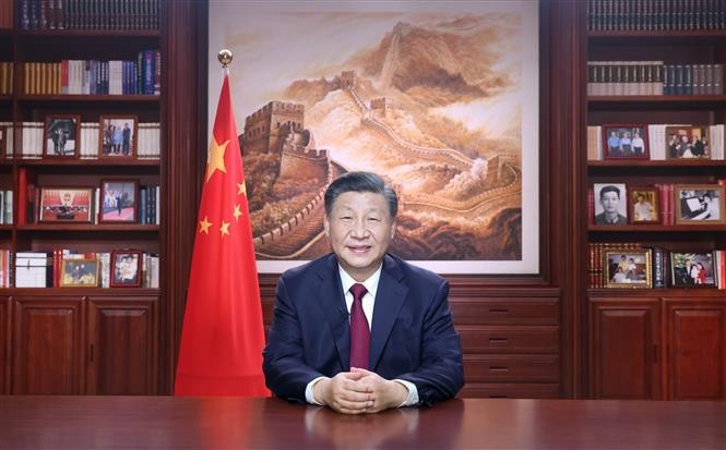 Chủ tịch Trung Quốc Tập Cận Bình đã đọc thông điệp Năm mới 2023, tại Bắc Kinh tối 31/12/2022. Ảnh: THX/TTXVN