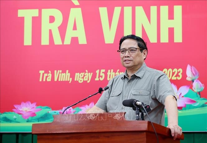 Thủ tướng Phạm Minh Chính phát biểu kết luận buổi làm việc với Ban Thường vụ Tỉnh ủy Trà Vinh. Ảnh: Dương Giang/TTXVN