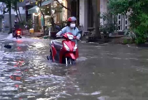 Người dân phải dắt xe bị chết máy qua dòng nước ngập trên đường Phú Thuận (Quận 7).