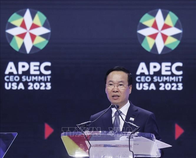 Chủ tịch nước Võ Văn Thưởng phát biểu tại Hội nghị Thượng đỉnh Doanh nghiệp APEC. Ảnh: Thống Nhất