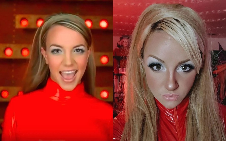 Britney Spears (phải) trong một video âm nhạc và cô gái Allegra DuVal gây chú ý vì có vẻ ngoài giống nữ ca sĩ nổi tiếng. Ảnh: Allegra DuVal/SWNS
