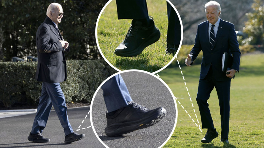 Đôi giày thể thao màu đen mà Tổng thống Joe Biden đeo được quảng cáo là có độ ổn định, chắc chắn cao và được thiết kế để giúp người dùng không bị ngã. Ảnh: Getty Images/9News