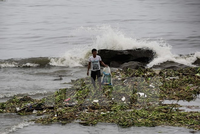  Sóng lớn do ảnh hưởng của bão Sarika xô vào bờ biển tại Pasay, Philippines ngày 16/10. (Nguồn: EPA/TTXVN)