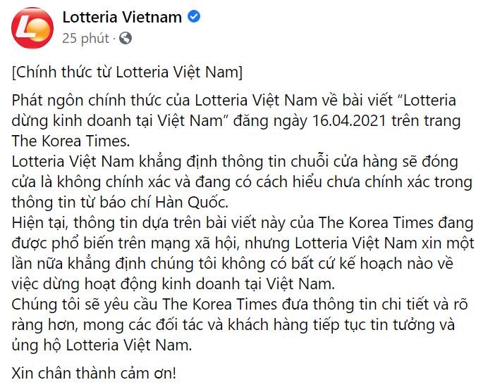 Ảnh chụp từ facebook Lotteria Việt Nam