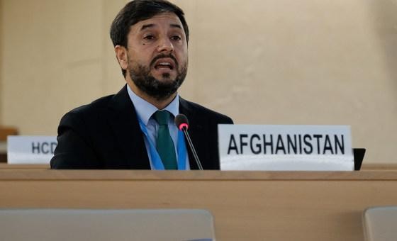 Đại sứ Nasir Ahmad Andisha của Afghanistan phát biểu tại Phiên họp đặc biệt của Hội đồng Nhân quyền về Afghanistan. Ảnh: UNOG.