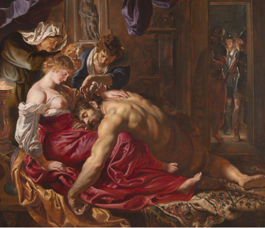Họa sĩ Rubens đã vẽ một cảnh của Samson và nàng Delilah được mô tả cảnh trong Kinh thánh, Delilah đã dàn dựng việc cắt tóc của Samson trong khi chàng ngủ, việc có thể khiến chàng dũng sĩ mất hết mọi sức mạnh. 