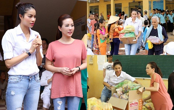 Hoa hậu Thu Hoài, Phạm Hương bê gạo, thuốc... tặng người nghèo