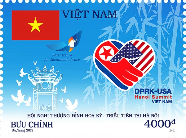 Mẫu tem “Chào mừng hội nghị thượng đỉnh Hoa Kỳ - Triều Tiên" - Ảnh: VietNamNet