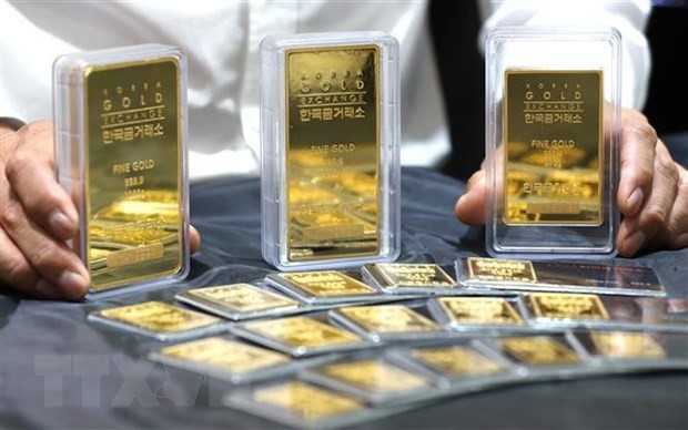 Vàng miếng được trưng bày tại một sàn giao dịch ở Seoul ngày 19/7/2019. (Ảnh: Yonhap/TTXVN)