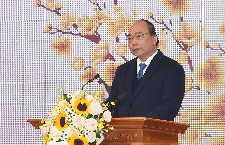 Thủ tướng Nguyễn Xuân Phúc phát biểu tại cuộc gặp mặt - Ảnh: VGP/Quang Hiếu