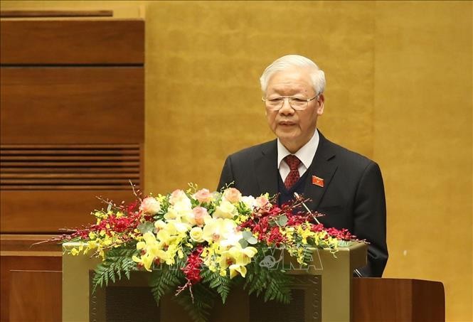 Tổng Bí thư, Chủ tịch nước Nguyễn Phú Trọng trình bày Báo cáo tổng kết công tác nhiệm kỳ 2016-2021 của Chủ tịch nước. Ảnh: Dương Giang/TTXVN