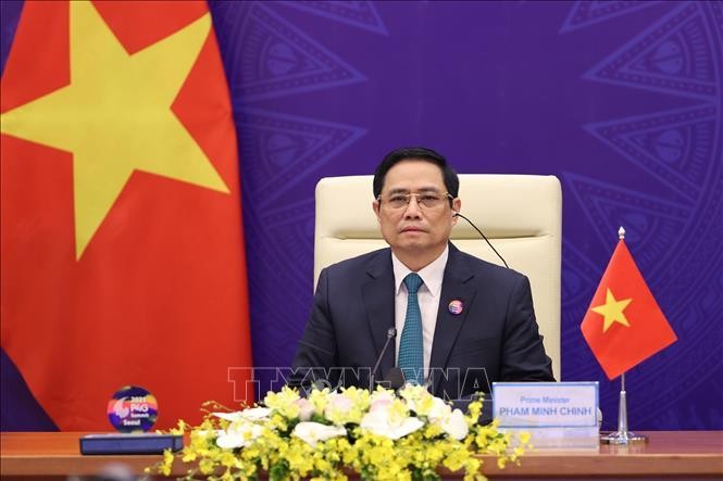 Thủ tướng Chính phủ Phạm Minh Chính phát biểu tại Hội nghị Thượng đỉnh Đối tác về Tăng trưởng xanh và Mục tiêu toàn cầu 2030. Ảnh: Dương Giang-TTXVN 