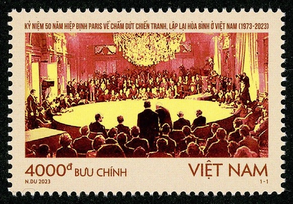 Mẫu bộ tem “Kỷ niệm 50 năm Hiệp định Paris về chấm dứt chiến tranh, lập lại hòa bình ở Việt Nam (1973-2023). Ảnh: vnpost.vn