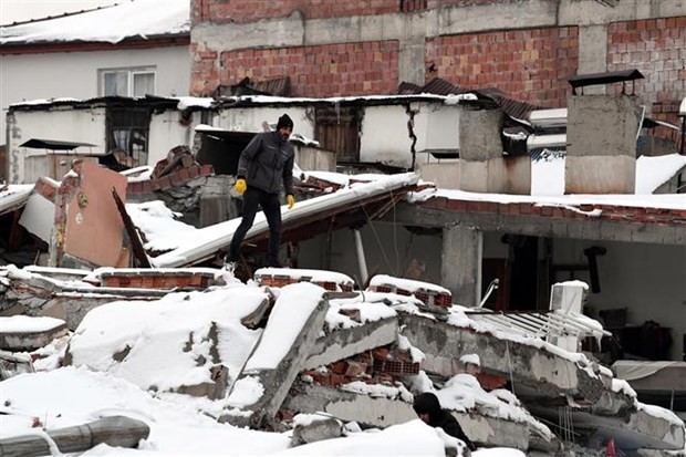 Cảnh đổ nát sau trận động đất tại Kahramanmaras, Thổ Nhĩ Kỳ, ngày 7/2/2023. (Ảnh: THX/TTXVN)