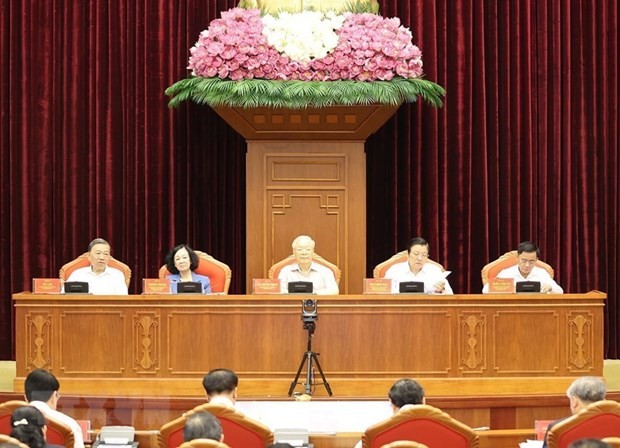 Tổng Bí thư Nguyễn Phú Trọng và các đồng chí Thường trực Ban Chỉ đạo Trung ương về phòng, chống tham nhũng, tiêu cực chủ trì hội nghị. (Ảnh: Trí Dũng/TTXVN)