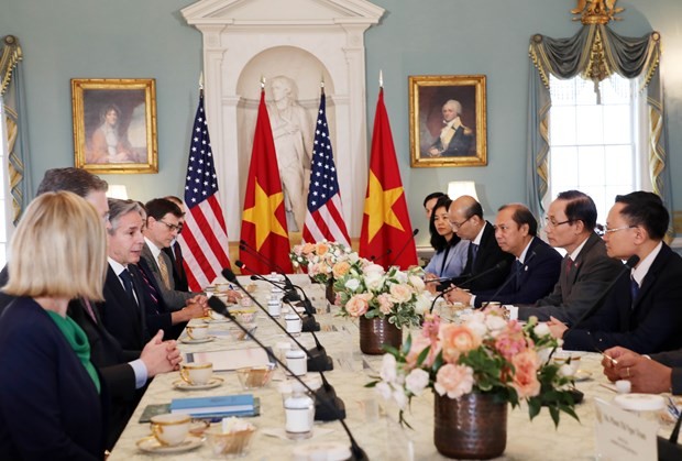 Quang cảnh cuộc làm việc của Trưởng Ban Đối ngoại Trung ương Lê Hoài Trung và Ngoại trưởng Hoa Kỳ Antony Blinken. (Ảnh: Kiều Trang/TTXVN)