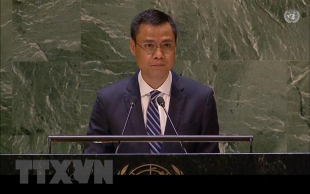 Đại sứ Đặng Hoàng Giang, Trưởng Phái đoàn thường trực Việt Nam tại Liên hợp quốc, phát biểu tại hội nghị. (Ảnh: Thanh Tuấn/TTXVN)