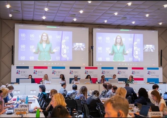Tổng Thư ký Hội nghị Liên Hợp Quốc về Thương mại và Phát triển, bà Rebeca Grynspan phát biểu trực tuyến tại Phiên họp lần thứ 57 Nhóm tư vấn chung của ITC ở Geneva ngày 20/7/2023. Ảnh: TTXVN phát