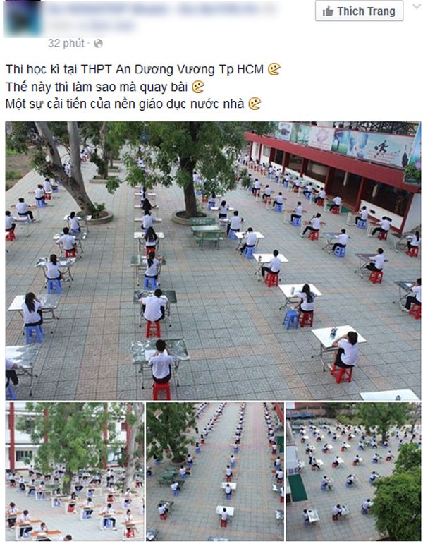 Học sinh TP HCM ngồi thi ở sân trường để chống gian lận