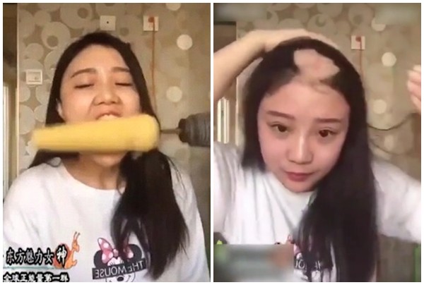 Cô gái xinh đẹp bay mảng tóc vì ăn ngô bằng máy khoan