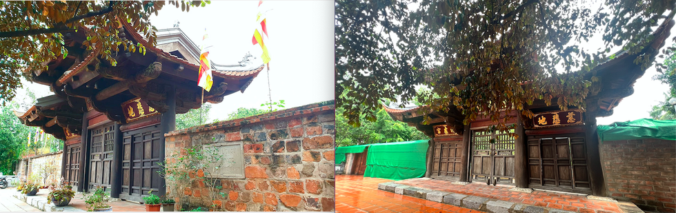Bức tường bao ở cổng chùa Kim Liên trước và sau khi được trùng tu.