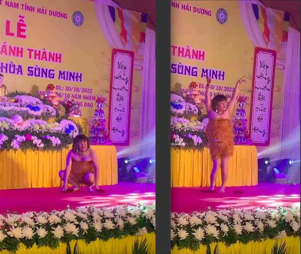 Hình ảnh NSƯT Xuân Hinh trong trang phục váy ngắn, vừa hát vừa uốn éo nhảy múa tại lễ khánh thành Tổ đường chùa Sùng Minh (tỉnh Hải Dương).