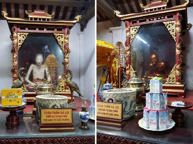 Hai bức tượng nhục thân thiền sư Vũ Khắc Minh, Vũ Khắc Trường tại chùa Đậu (xã Nguyễn Trãi, huyện Thường Tín, Hà Nội)